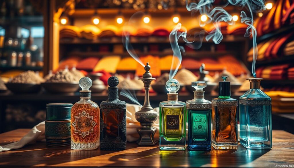A luxurious arrangement of exquisite Arabic perfumes displayed elegantly on a wooden table. In the foreground, intricately designed glass bottles featuring ornate patterns, filled with rich, vibrant colors of amber, deep blue, and emerald green, reflecting the sunlight. The middle ground includes delicate incense burners releasing wisps of fragrant smoke, surrounded by soft, textured fabrics in rich hues like gold and burgundy. The background hints at a traditional Arabian marketplace with warm, inviting lighting, showcasing spices and textiles. The mood is serene and opulent, evoking a sense of mystery and allure associated with Arabic perfumes. Captured in a soft focus, with an emphasis on the textures and colors, the image beautifully represents the unique scent compositions of Arabic perfumery. A luxurious arrangement of exquisite Arabic perfumes displayed elegantly on a wooden table. In the foreground, intricately designed glass bottles featuring ornate patterns, filled with rich, vibrant colors of amber, deep blue, and emerald green, reflecting the sunlight. The middle ground includes delicate incense burners releasing wisps of fragrant smoke, surrounded by soft, textured fabrics in rich hues like gold and burgundy. The background hints at a traditional Arabian marketplace with warm, inviting lighting, showcasing spices and textiles. The mood is serene and opulent, evoking a sense of mystery and allure associated with Arabic perfumes. Captured in a soft focus, with an emphasis on the textures and colors, the image beautifully represents the unique scent compositions of Arabic perfumery.