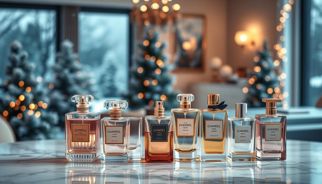 A luxurious arrangement of high-end perfumes showcased on an elegant marble surface. In the foreground, a selection of beautifully designed perfume bottles, featuring intricate details and luxurious finishes, glimmering under soft, diffused lighting. The middle ground presents a subtle backdrop of winter scenery, with softly falling snowflakes and hints of frosted pine trees, creating a seasonal atmosphere. The background features a blurred, softly lit room with sparkling lights, evoking warmth and comfort suitable for winter. The overall mood is sophisticated yet inviting, capturing the essence of luxury and sweet winter fragrances for women. A luxurious arrangement of high-end perfumes showcased on an elegant marble surface. In the foreground, a selection of beautifully designed perfume bottles, featuring intricate details and luxurious finishes, glimmering under soft, diffused lighting. The middle ground presents a subtle backdrop of winter scenery, with softly falling snowflakes and hints of frosted pine trees, creating a seasonal atmosphere. The background features a blurred, softly lit room with sparkling lights, evoking warmth and comfort suitable for winter. The overall mood is sophisticated yet inviting, capturing the essence of luxury and sweet winter fragrances for women.