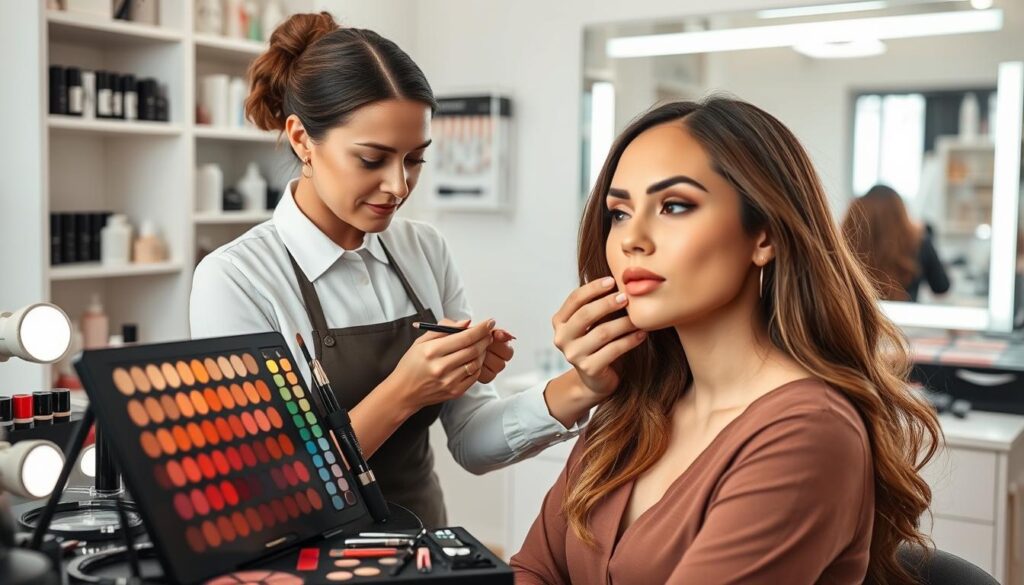 A professional makeup artist is selecting colors and techniques for permanent lip makeup. In the foreground, a well-organized makeup station is filled with various lip pigments, blending tools, and a color wheel. The middle ground features a model with beautifully applied ombre lips, showcasing a gradient from soft pink to deep rose, highlighting the subtle nuances of pigment. The artist, dressed in neat professional attire, is applying the last touches while analyzing the model's features. The background contains shelves with beauty products and a large mirror reflecting soft, natural light, creating a calm and inviting atmosphere. The overall mood conveys professionalism, creativity, and confidence in making beauty choices. The lighting is bright and even, emphasizing clarity and detail in the scene. A professional makeup artist is selecting colors and techniques for permanent lip makeup. In the foreground, a well-organized makeup station is filled with various lip pigments, blending tools, and a color wheel. The middle ground features a model with beautifully applied ombre lips, showcasing a gradient from soft pink to deep rose, highlighting the subtle nuances of pigment. The artist, dressed in neat professional attire, is applying the last touches while analyzing the model's features. The background contains shelves with beauty products and a large mirror reflecting soft, natural light, creating a calm and inviting atmosphere. The overall mood conveys professionalism, creativity, and confidence in making beauty choices. The lighting is bright and even, emphasizing clarity and detail in the scene.