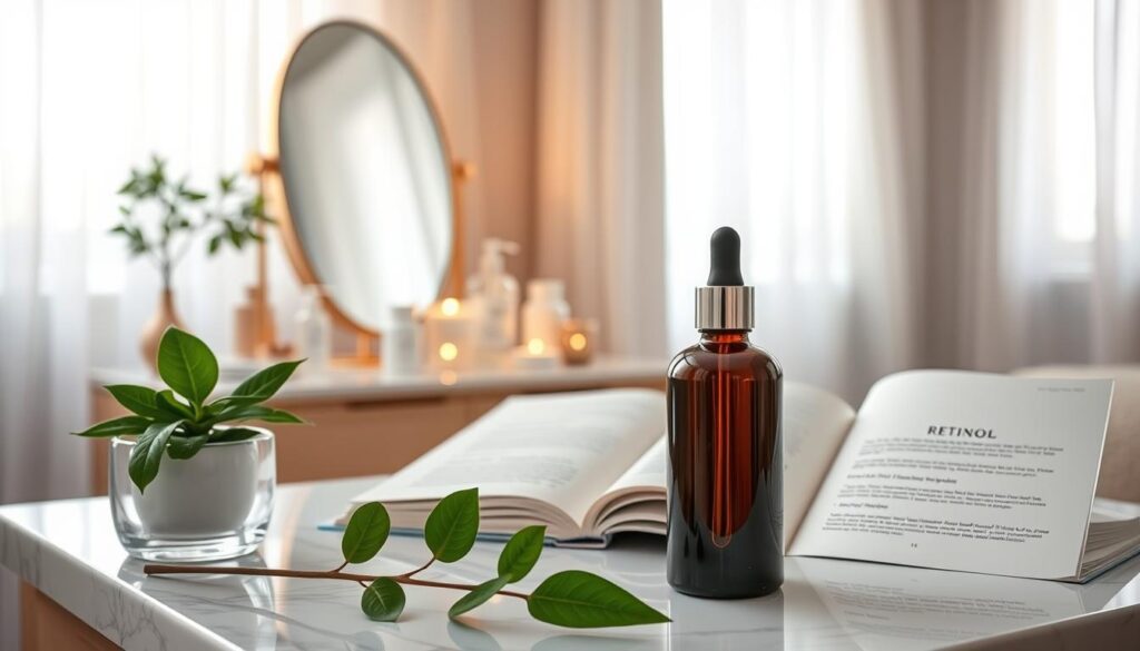 A serene and elegant bathroom setting with a focus on a stylish vanity table displaying an assortment of skincare products, prominently featuring a sleek bottle of retinol serum with a dropper. In the foreground, there is a lush green plant next to the retinol, symbolizing natural beauty. The middle ground includes an open skincare routine guidebook, elegantly illustrated with tips on using retinol, and a small mirror reflecting soft, warm lighting that creates a cozy atmosphere. The background shows a well-lit window with sheer curtains allowing gentle sunlight to filter through, enhancing the tranquil mood. The entire image conveys a clean, inviting ambiance encouraging self-care and skin health. A serene and elegant bathroom setting with a focus on a stylish vanity table displaying an assortment of skincare products, prominently featuring a sleek bottle of retinol serum with a dropper. In the foreground, there is a lush green plant next to the retinol, symbolizing natural beauty. The middle ground includes an open skincare routine guidebook, elegantly illustrated with tips on using retinol, and a small mirror reflecting soft, warm lighting that creates a cozy atmosphere. The background shows a well-lit window with sheer curtains allowing gentle sunlight to filter through, enhancing the tranquil mood. The entire image conveys a clean, inviting ambiance encouraging self-care and skin health.