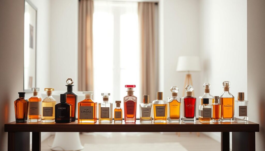 A serene and elegant scene showcasing the proper storage of perfumes. In the foreground, a beautifully arranged wooden shelf displays an assortment of elegant perfume bottles, each uniquely shaped and reflecting light. The bottles are diverse in color, creating a harmonious gradient from deep amber to soft pastel hues. In the middle, a small, softly glowing lamp casts warm light, illuminating the bottles while creating gentle shadows. In the background, a stylish, minimalist room with soft pastel walls and a window allowing natural light to filter through, enhancing the tranquil atmosphere. The overall mood is calming and sophisticated, emphasizing the importance of light, temperature, and proper care for perfumes. The focus is on elegance and preservation, inviting the viewer into a refined world of fragrance.