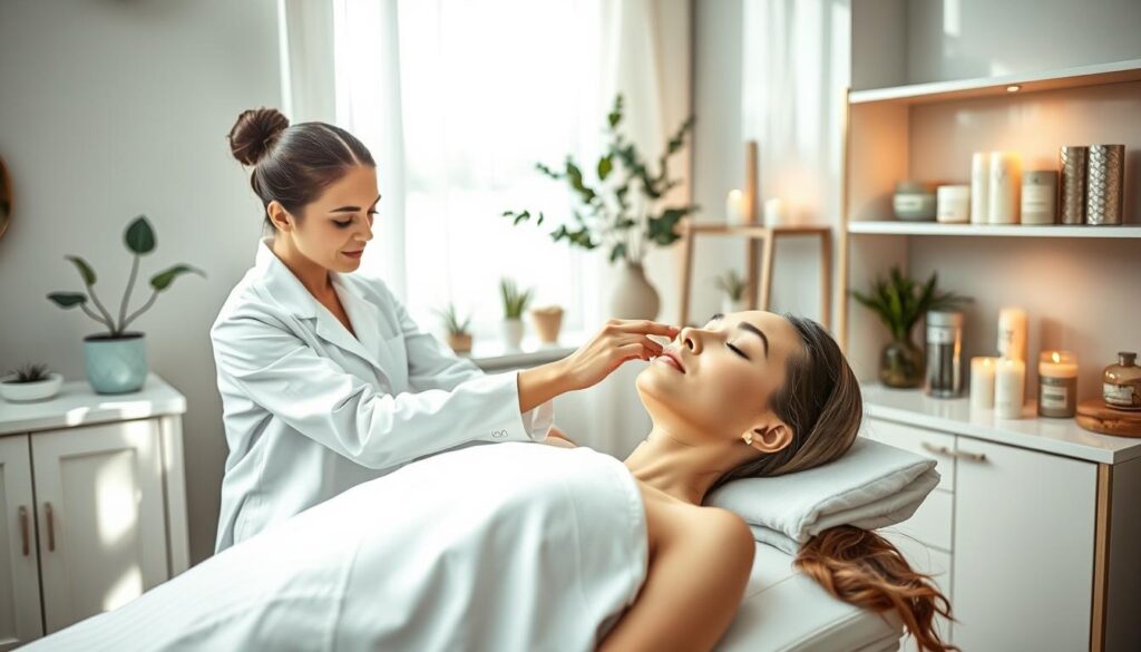 A serene and inviting cosmetic treatment room featuring a professional aesthetician performing a facial treatment on a client. In the foreground, capture the aesthetician in a crisp white lab coat, gently applying a soothing mask to the client's face, who is relaxed and lying on a treatment table. In the middle, showcase elegant skincare tools and products neatly arranged on a nearby shelf, with soft, ambient lighting enhancing the tranquility of the space. The background displays calming spa elements like potted plants and decorative candles. The overall atmosphere should evoke relaxation and professionalism, with natural light streaming through a window, casting gentle shadows, creating a welcoming and sophisticated vibe, ideal for showcasing advanced skincare techniques.