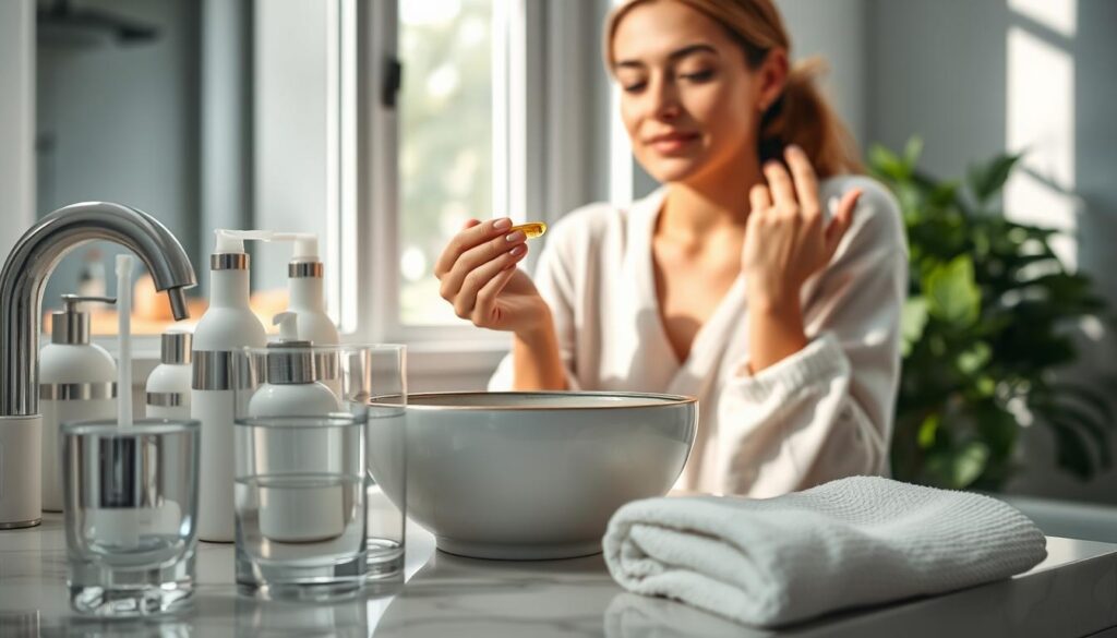 A serene bathroom setting featuring a well-organized vanity with various skincare products. In the foreground, a clear glass of water and a soft, textured towel are placed beside an elegant bowl of oil for makeup removal. In the middle, a person in modest casual clothing demonstrates double cleansing techniques, gently massaging oil onto their skin with a soothing expression. The background shows soft, natural light filtering through a window, highlighting lush green plants. The overall mood is calm and inviting, suggesting a spa-like atmosphere focused on comprehensive facial cleansing methods associated with healthy skin. The composition uses a soft focus on the background to draw attention to the cleansing process. A serene bathroom setting featuring a well-organized vanity with various skincare products. In the foreground, a clear glass of water and a soft, textured towel are placed beside an elegant bowl of oil for makeup removal. In the middle, a person in modest casual clothing demonstrates double cleansing techniques, gently massaging oil onto their skin with a soothing expression. The background shows soft, natural light filtering through a window, highlighting lush green plants. The overall mood is calm and inviting, suggesting a spa-like atmosphere focused on comprehensive facial cleansing methods associated with healthy skin. The composition uses a soft focus on the background to draw attention to the cleansing process.
