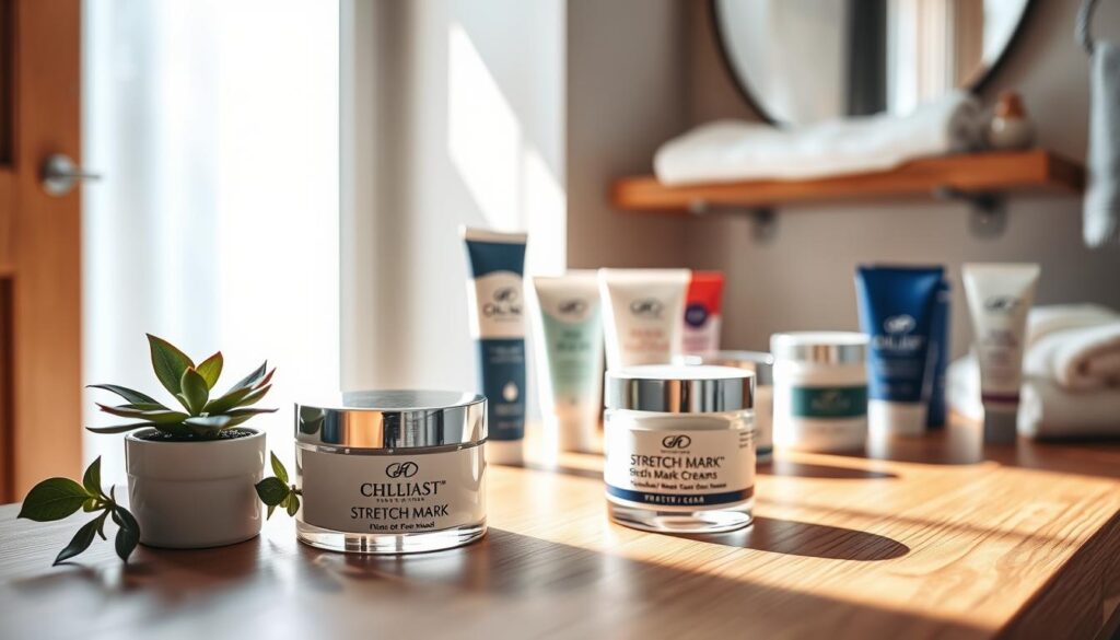A serene bathroom setting showcasing a wooden countertop adorned with various effective stretch mark creams. In the foreground, a beautifully designed jar of cream with elegant branding sits next to a small potted plant, reflecting a fresh and natural vibe. The middle ground features several other cream jars, each with distinct packaging, representing a range of product options. Soft, diffused natural light streams in from a window, highlighting the creamy textures and colors of the cream jars. In the background, the subtle hint of a mirror and soft towels create a warm, inviting atmosphere. The overall mood is professional yet calming, emphasizing self-care and effective skincare solutions.