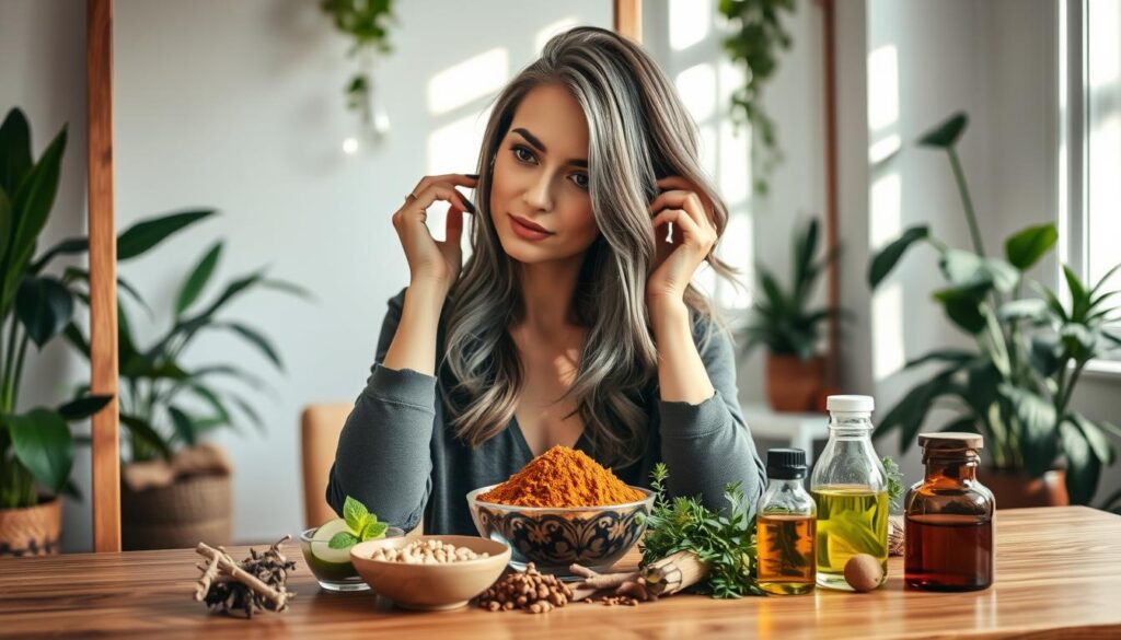 A serene home setting featuring a modern, stylish woman applying henna to her grey hair in front of a large mirror. The foreground captures her focused expression, with rich, earthy tones of the henna contrasting against her hair. In the middle, a small bowl of henna sits beside organic ingredients such as fresh herbs and essential oils, highlighting the natural aspect of this alternative to chemical dyes. The background shows a softly lit room adorned with indoor plants, creating a calm and inviting atmosphere. Natural sunlight filters through a window, casting gentle shadows. The composition is warm and earthy, emphasizing a holistic and health-conscious theme. A serene home setting featuring a modern, stylish woman applying henna to her grey hair in front of a large mirror. The foreground captures her focused expression, with rich, earthy tones of the henna contrasting against her hair. In the middle, a small bowl of henna sits beside organic ingredients such as fresh herbs and essential oils, highlighting the natural aspect of this alternative to chemical dyes. The background shows a softly lit room adorned with indoor plants, creating a calm and inviting atmosphere. Natural sunlight filters through a window, casting gentle shadows. The composition is warm and earthy, emphasizing a holistic and health-conscious theme.