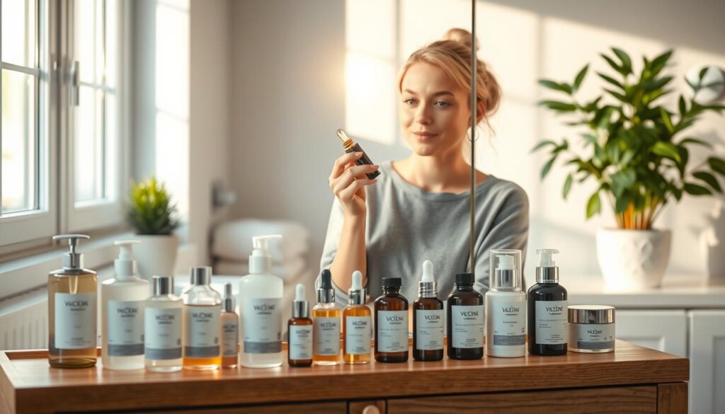 A serene morning skincare routine set in a bright, airy bathroom. In the foreground, a wooden vanity displaying an array of elegant skincare products: cleansers, serums, and moisturizers arranged neatly. In the middle, a woman in modest casual clothing, gently applying a facial serum with a focused expression, her skin glowing and radiant. Soft sunlight filters through a large window, casting warm, inviting light across the scene. In the background, potted plants add a touch of greenery, enhancing the calm atmosphere. The overall composition feels fresh and rejuvenating, encapsulating the essence of a step-by-step morning skincare ritual, with a soft focus on the tranquility of self-care.