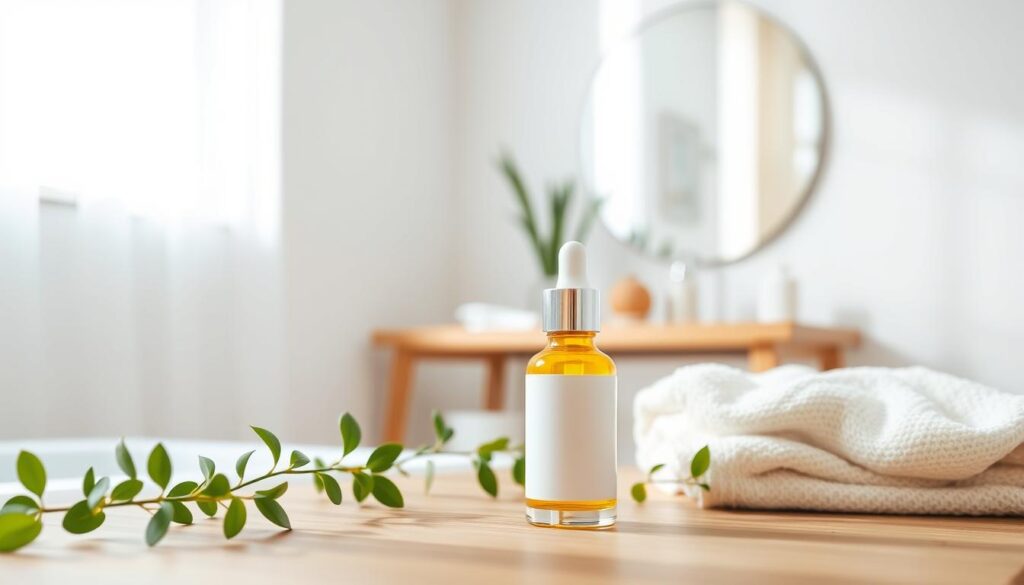 A serene skincare scene featuring a calming bathroom setting. In the foreground, a small, elegant bottle of niacinamide serum with a minimalistic design, glistening under soft, diffused natural light from a window. Surround the serum with a few green plants and neutral-toned towels for a fresh, inviting atmosphere. In the middle ground, a simple wooden vanity reflecting the peaceful ambiance, alongside a mirror showing gentle reflections. The background showcases a softly lit, clean bathroom space with subtle pastel colors, enhancing a sense of tranquility. The mood should evoke feelings of care and relief, ideal for sensitive and acne-prone skin. The focus is on the product, with no people, making it suitable for a variety of audiences. A serene skincare scene featuring a calming bathroom setting. In the foreground, a small, elegant bottle of niacinamide serum with a minimalistic design, glistening under soft, diffused natural light from a window. Surround the serum with a few green plants and neutral-toned towels for a fresh, inviting atmosphere. In the middle ground, a simple wooden vanity reflecting the peaceful ambiance, alongside a mirror showing gentle reflections. The background showcases a softly lit, clean bathroom space with subtle pastel colors, enhancing a sense of tranquility. The mood should evoke feelings of care and relief, ideal for sensitive and acne-prone skin. The focus is on the product, with no people, making it suitable for a variety of audiences.