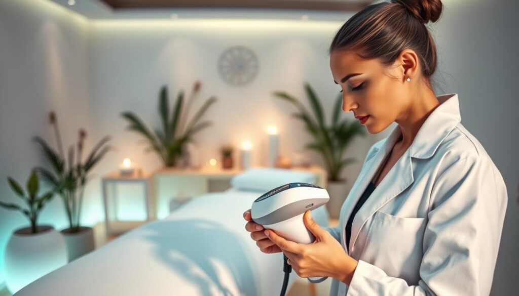 A serene spa room designed for cosmetic treatments aimed at combating cellulite. In the foreground, a professional aesthetician, dressed in a pristine white lab coat, is demonstrating a cellulite treatment using a sleek, modern device. The aesthetician is focused and thoughtful, reflecting professionalism and care. In the middle ground, a comfortably reclined treatment table with soft white linens, surrounded by soothing greenery and softly dimmed lights that create a tranquil atmosphere. The background features calming decorations, such as pastel-colored walls and gentle lighting, contributing to a relaxing and inviting environment. Soft shadows enhance the ambiance, emphasizing the effectiveness and elegance of skincare treatments. A serene spa room designed for cosmetic treatments aimed at combating cellulite. In the foreground, a professional aesthetician, dressed in a pristine white lab coat, is demonstrating a cellulite treatment using a sleek, modern device. The aesthetician is focused and thoughtful, reflecting professionalism and care. In the middle ground, a comfortably reclined treatment table with soft white linens, surrounded by soothing greenery and softly dimmed lights that create a tranquil atmosphere. The background features calming decorations, such as pastel-colored walls and gentle lighting, contributing to a relaxing and inviting environment. Soft shadows enhance the ambiance, emphasizing the effectiveness and elegance of skincare treatments.