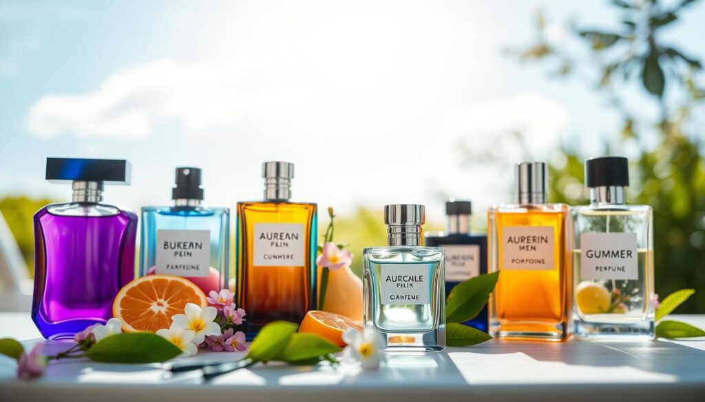 A sophisticated arrangement showcasing a selection of men's summer perfumes. In the foreground, elegantly designed bottles with sleek, modern shapes and vibrant colors reflecting light, evoking freshness and vitality. The middle ground features subtle elements like fresh citrus fruits, delicate flowers, and green leaves, hinting at the fragrances' ingredients. The background is softly blurred, capturing a sunlit, outdoor setting with a clear blue sky and gentle greenery, creating a warm and inviting atmosphere. The scene is illuminated with soft, natural lighting, enhancing the colors and details of the perfume bottles. The overall mood is refreshing and vibrant, perfect for conveying the essence of summer scents for men.