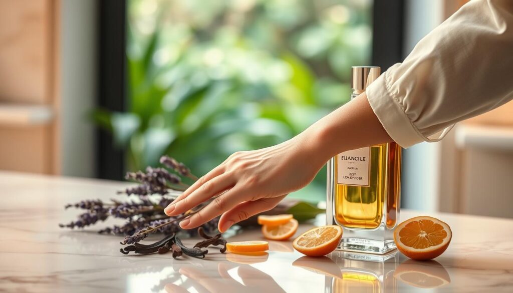 A sophisticated, elegant perfume bottle placed on a marble countertop, glistening under soft, warm lighting. In the foreground, a hand wearing delicate, professional attire demonstrates the application technique on pulse points, such as the wrist and neck. The middle ground features various natural elements like lavender, vanilla beans, and citrus slices, representing scent longevity ingredients. The background includes a blurred greenery scene, suggesting freshness and nature, enhancing the aromatic theme. The composition is captured with a shallow depth of field, giving a luxurious feel, emphasizing the perfume and the application process, evoking a sense of refinement and allure. A sophisticated, elegant perfume bottle placed on a marble countertop, glistening under soft, warm lighting. In the foreground, a hand wearing delicate, professional attire demonstrates the application technique on pulse points, such as the wrist and neck. The middle ground features various natural elements like lavender, vanilla beans, and citrus slices, representing scent longevity ingredients. The background includes a blurred greenery scene, suggesting freshness and nature, enhancing the aromatic theme. The composition is captured with a shallow depth of field, giving a luxurious feel, emphasizing the perfume and the application process, evoking a sense of refinement and allure.