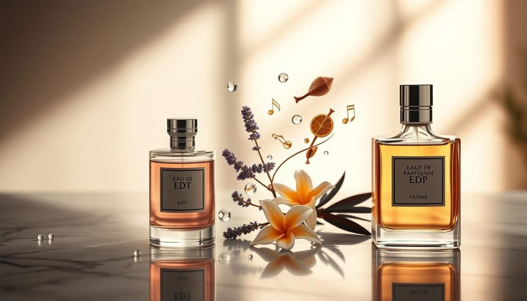 A sophisticated scent study showcasing the differences between Eau de Toilette (EDT) and Eau de Parfum (EDP). In the foreground, elegantly designed bottles labeled EDT and EDP are artistically displayed on a marble surface, with droplets of perfume glistening around them. In the middle ground, subtle notes of various essential oils like lavender, citrus, and vanilla artistically intertwine, visually representing their concentration and longevity. The background features an ambient light source that creates a warm, inviting atmosphere, casting soft shadows to enhance depth. The scene is captured from a slightly elevated angle, emphasizing the luxurious textures of the bottles. The mood is refined and inviting, ideal for illustrating the appropriate use of fragrances at different times of day and occasions. A sophisticated scent study showcasing the differences between Eau de Toilette (EDT) and Eau de Parfum (EDP). In the foreground, elegantly designed bottles labeled EDT and EDP are artistically displayed on a marble surface, with droplets of perfume glistening around them. In the middle ground, subtle notes of various essential oils like lavender, citrus, and vanilla artistically intertwine, visually representing their concentration and longevity. The background features an ambient light source that creates a warm, inviting atmosphere, casting soft shadows to enhance depth. The scene is captured from a slightly elevated angle, emphasizing the luxurious textures of the bottles. The mood is refined and inviting, ideal for illustrating the appropriate use of fragrances at different times of day and occasions.