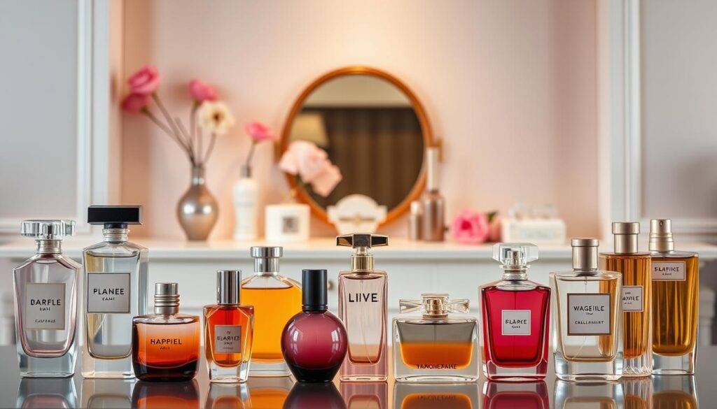 A stylish display of various perfume bottles representing the top fragrance alternatives for 2026. In the foreground, feature an elegant arrangement of beautifully designed bottles, emphasizing both modern and classic styles, showcasing a variety of colors and shapes. The middle ground should include a soft-focus image of a luxurious vanity setting, adorned with silk fabrics and decorative flowers to convey sophistication. In the background, a softly lit wall with a subtle gradient adds depth and warmth to the scene, creating an inviting atmosphere. The lighting should be warm and diffused, casting gentle shadows to enhance the textures of the bottles. The overall mood is upscale and inviting, appealing to fragrance enthusiasts looking for elegant substitutes. A stylish display of various perfume bottles representing the top fragrance alternatives for 2026. In the foreground, feature an elegant arrangement of beautifully designed bottles, emphasizing both modern and classic styles, showcasing a variety of colors and shapes. The middle ground should include a soft-focus image of a luxurious vanity setting, adorned with silk fabrics and decorative flowers to convey sophistication. In the background, a softly lit wall with a subtle gradient adds depth and warmth to the scene, creating an inviting atmosphere. The lighting should be warm and diffused, casting gentle shadows to enhance the textures of the bottles. The overall mood is upscale and inviting, appealing to fragrance enthusiasts looking for elegant substitutes.