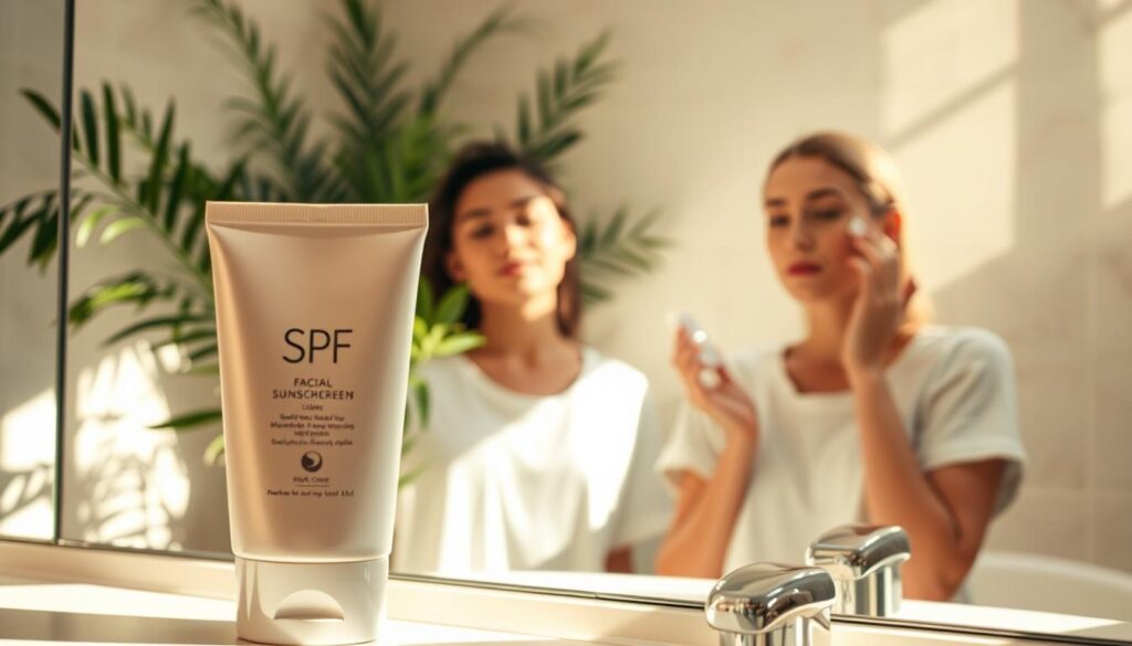 A sunlit bathroom scene showcasing a daily skincare routine. In the foreground, a sleek, elegant tube of facial sunscreen with SPF prominently displayed, alongside a clean, stylish mirror reflecting soft, natural light. In the middle, a person with a calm expression gently applying the cream to their face, wearing modest casual clothing. The background features light-colored tiles and a lush green plant, creating a fresh and inviting atmosphere. The overall mood is uplifting and refreshing, emphasizing self-care and daily rituals. Soft shadows enhance the warm light, capturing a serene moment dedicated to skin protection.