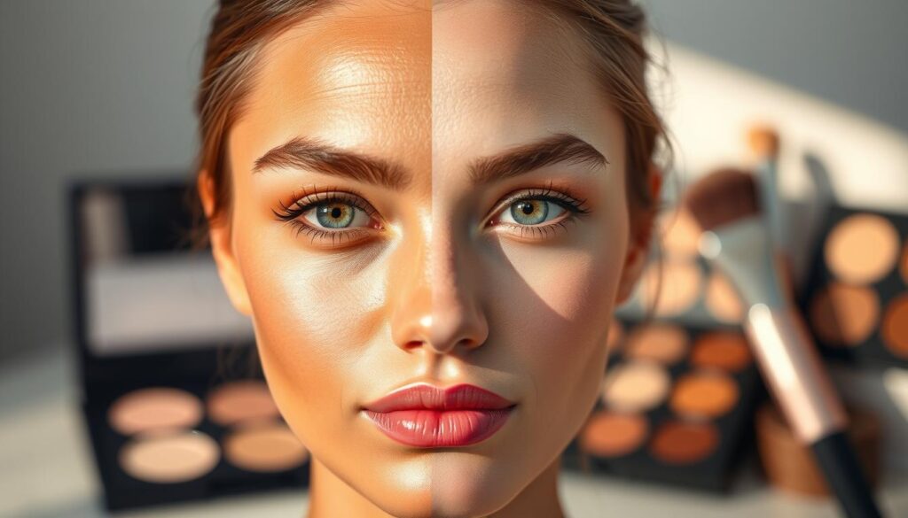 A visually striking image showcasing three distinct skin undertones: warm, cool, and neutral. In the foreground, a split face illustration features one half with a warm undertone, revealing sun-kissed brown hues; the other half with a cool undertone, displaying rosy pink tones. The middle section portrays a neutral undertone, blending warm and cool elements in a harmonious balance. Soft, natural lighting enhances the subtleties in skin color and texture, creating a soothing yet informative atmosphere. In the background, blurred makeup palettes and brushes are subtly incorporated, hinting at foundation selection, while maintaining an elegant and professional aesthetic. The image should evoke a sense of calm and clarity, ideal for readers seeking guidance on skin tone matching in makeup application.