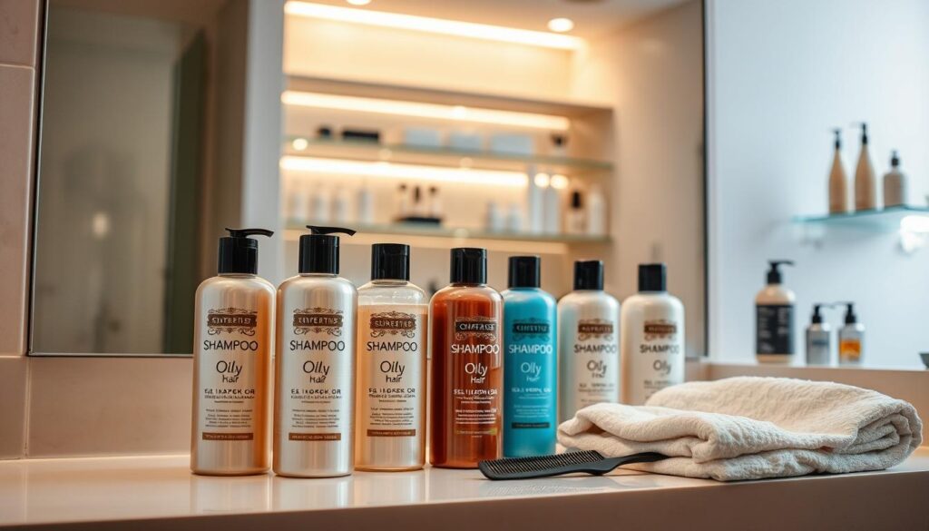 A well-lit bathroom scene featuring a variety of shampoos and hair care products displayed on a sleek countertop. In the foreground, several bottles of shampoos specifically labeled for oily hair, each with elegant packaging, are elegantly arranged next to a comb and a soft towel. The middle layer showcases a large mirror reflecting the shimmering bottles, enhancing visibility. In the background, the soft glow of ambient lighting creates a warm and inviting atmosphere, with neatly organized shelves displaying additional beauty products. The setting evokes a sense of calm and care, perfect for someone seeking to choose the right hair care solutions. The entire composition is captured from a slightly elevated angle, providing a balanced view of the products.