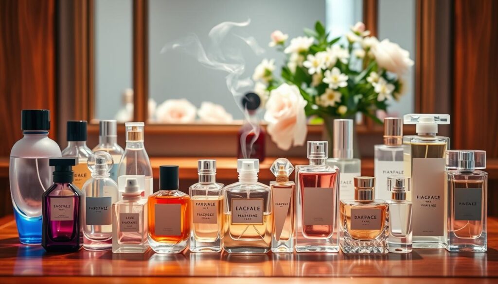 An elegant display of affordable women's perfumes arranged on a polished wooden vanity. In the foreground, various bottles with diverse shapes and colors, including soft pastels and bold hues, glisten under soft, diffused lighting. The middle layer features a few open bottles emitting wispy, translucent fragrance clouds, creating a sense of alluring essence. In the background, a delicate bouquet of fresh flowers adds a touch of nature, enhancing the atmosphere of luxury and charm. The overall mood is inviting and sophisticated, with a warm color palette that evokes a sense of femininity and diversity in scent compositions. The angle is slightly above the table, providing a view that highlights the bottles and their intricate designs.