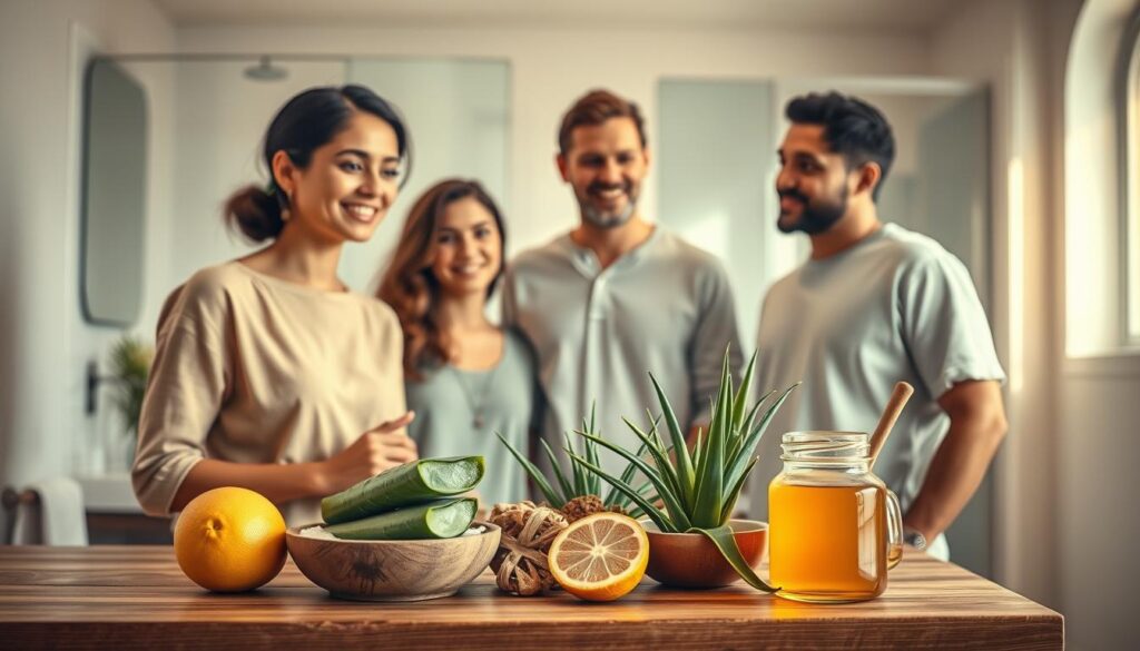 In a serene setting, a well-lit bathroom serves as the background, showcasing various natural ingredients commonly used for treating skin discolorations, like lemon, aloe vera, and honey, elegantly arranged on a wooden countertop. In the foreground, a gentle, warm light illuminates a diverse group of three people (a woman and two men) wearing modest casual clothing, engaging in a friendly discussion about home remedies for skin blemishes. Their expressions are hopeful and encouraging, creating a supportive atmosphere. The focus should be on the natural ingredients and their potential benefits, captured with a soft focus lens that gives the image a warm, inviting glow, enhancing the calming and therapeutic mood of the scene.